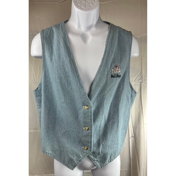 Vtg Three Rivers Authentic Denim Vest Large Bulldogs Embroidered Light Wash 90s - Picture 7 of 9